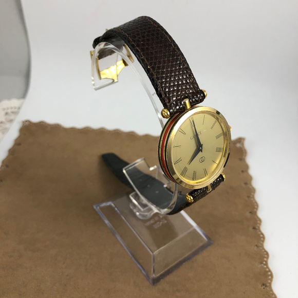 Vintage Swiss Made UNISEX Gucci 18KGP Gold Red & Green Stack Watch - Picture 3 of 8